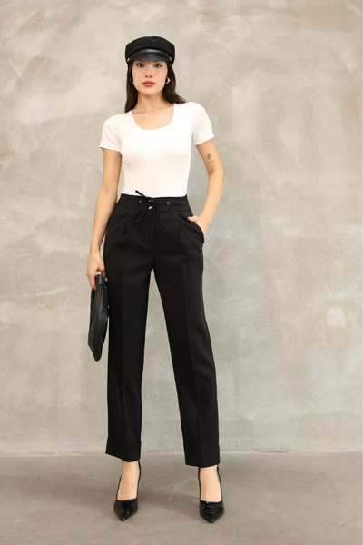 lodmela Tie-detailed elastic waist fabric pants 6171-black