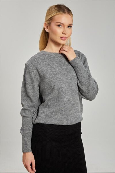 BARRELS AND OIL سترة محبوكة للنساء برقبة دائرية - رمادي