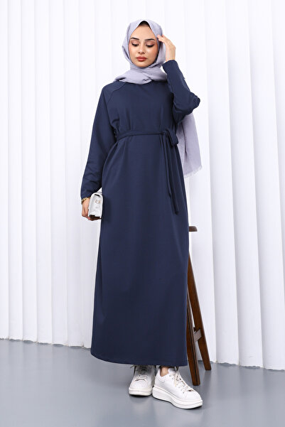 İmajButik Μπλε ναυτικό φόρεμα με λαιμόκοψη και ζώνη στη μέση