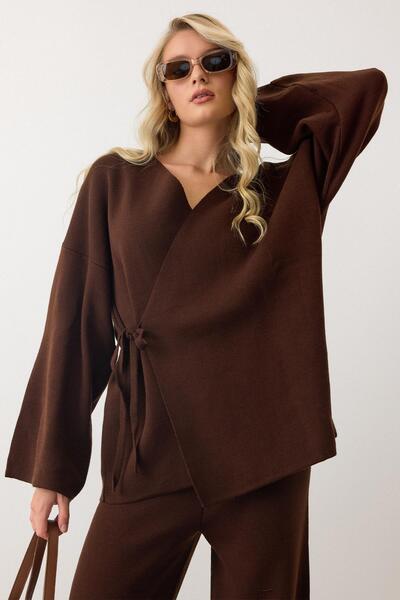 Olcay Σετ πλεκτό παντελόνι κιμονό με κλείσιμο με κορδόνια ΚΑΦΕ 9364-TK