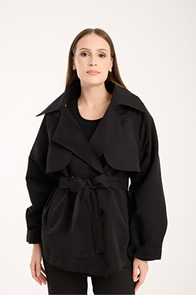 MODAMERSİ Kadın Siyah Aller Detaylı Astarlı Kısa Trençkot
