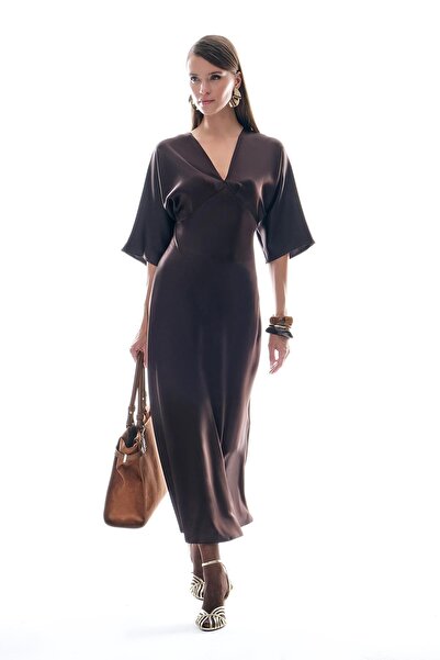 EXPLOSION Saten Drapeli Midi Şık Elbise