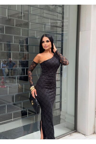 sajarsln Dantel Desenli Tek Kol Çıkarılabilir Maxi Boy Likralı Tek Omuz Straplez Elbise