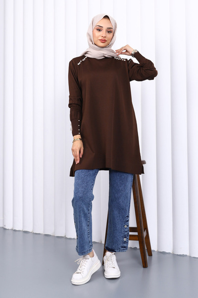 İmajButik Brown Shoulder Stone Cold Yarn Knitwear Tunic