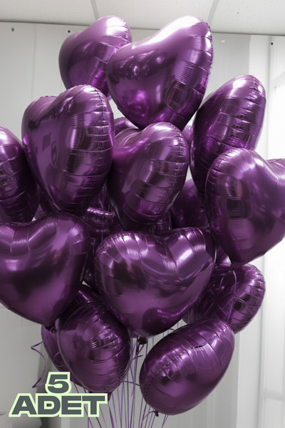 Baloncu Nene 5 Adet Mor Kalpl Folyo Balon Rafya ve Balon Bandı Helyum Sevgili...