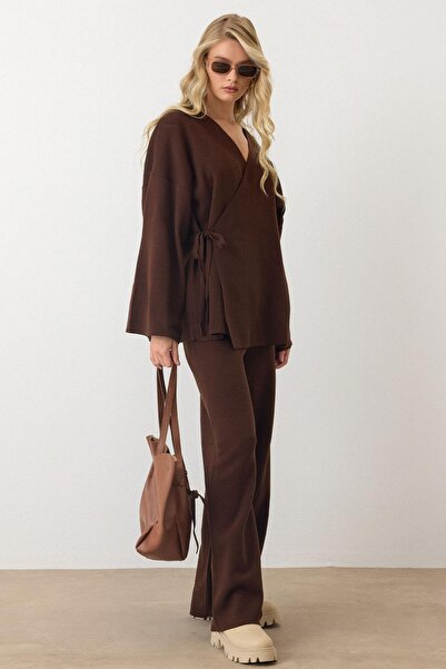 Olcay Σετ πλεκτό παντελόνι κιμονό με κλείσιμο με κορδόνια ΚΑΦΕ 9364-TK