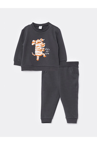 LC Waikiki Lcw Babygray Crew Neck Long Sleeve Printed Baby Boy Sweatshirt and Pants 2-Piece Set