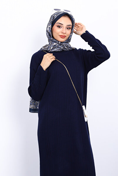 İmajButik Μπλε ναυτικό φόρεμα πλεκτό με ραβδώσεις με ψηλό γιακά