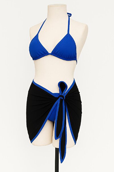 emosavm Women's Blue Pareo Side and Neck Tie 3-Piece Bikini Set