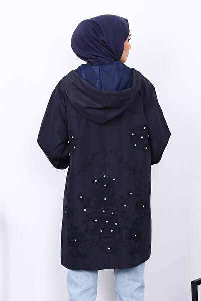 İmajButik Lacivert Kapüşonlu Arkası Nakışlı Trençkot