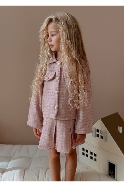 Patriko Girls' Tweed Fabric Pearl Buttoned Silvery Pink Color Long Sleeve Jacket Skirt Bottom Top College Suit