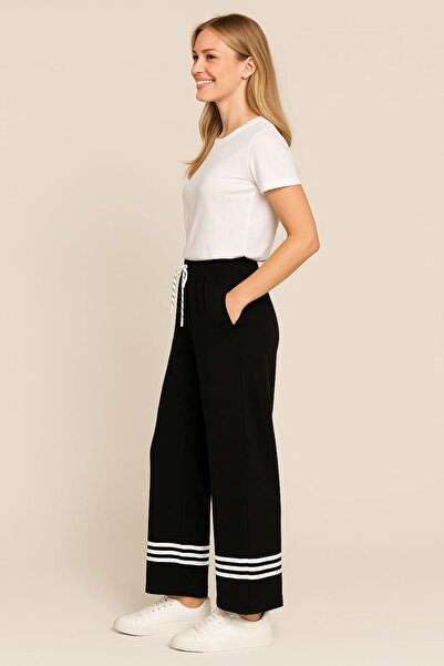 enmodaiçgiyim Μαύρο υψηλής ποιότητας ελαστικό βαμβακερό ύφασμα με φαρδιά πόδια με τσέπες-καθημερινό, άνετο κούμπωμα