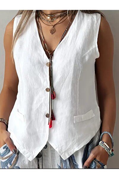 Butik V-Neck Sleeveless Wooden Button Vest