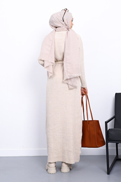 İmajButik Stone Stand Collar Ribbed Mercerized Dress