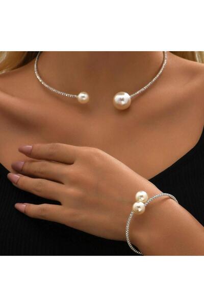 Pursehuit Σετ κολιέ και βραχιόλι choker, ασημί χρώμα, με μαργαριτάρια και πέτ...