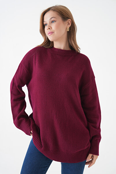 WOMAN VISION Women's Crew Neck Burgundy Oversize Knit Sweater 4090