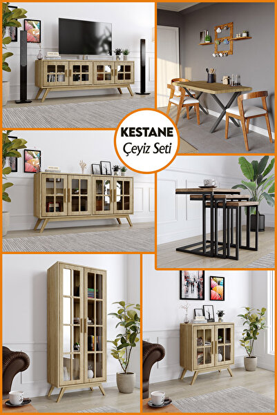 KIYMIK HOME Gerçek Ağaç Çeyiz Seti - 6 Parça - Yemek Odası - Kestane