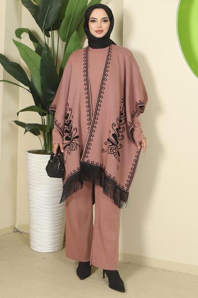 hafsamina Punch-Colored Three-Piece Knitwear Set Dusty Rose Hm2814