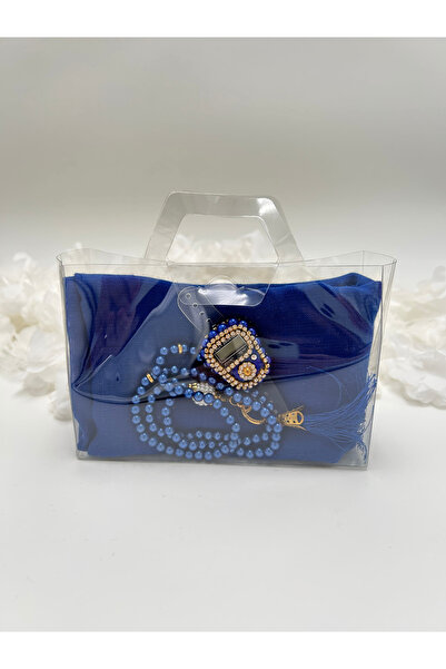 lenagiftworkshop طقم غطاء مزخرف مع حقيبة هدايا باللون الأزرق الداكن، وطقم زكيرماتيك وسبحة (حج - عمرة - مولد - بوتشا)