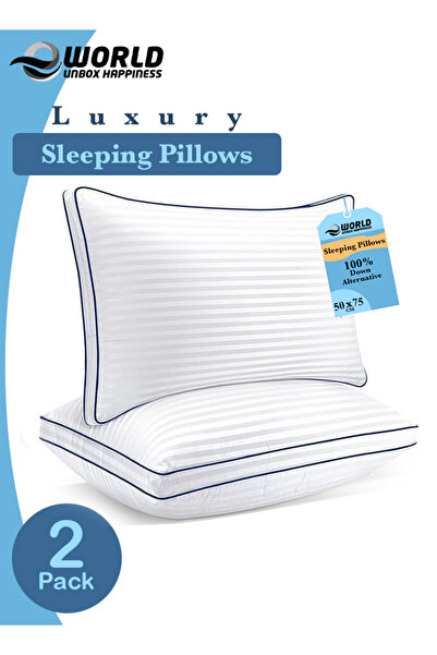 Eworld Set of 2 Down Alternative Bed Pillows with White Striped Design, Breathable Cover & Double Piping