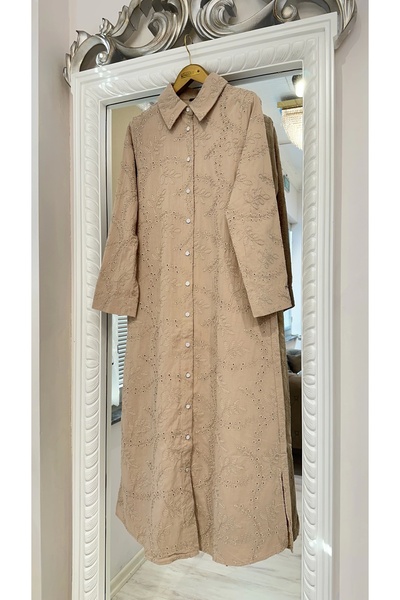 Invee 7018 Beige Hole Work Shirt Dress