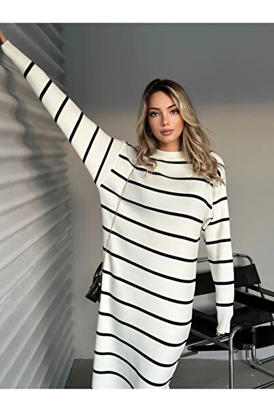 GALAVİP Women's Striped Long Sleeve Knitwear Dress S-M-L-Xl Size Compatible