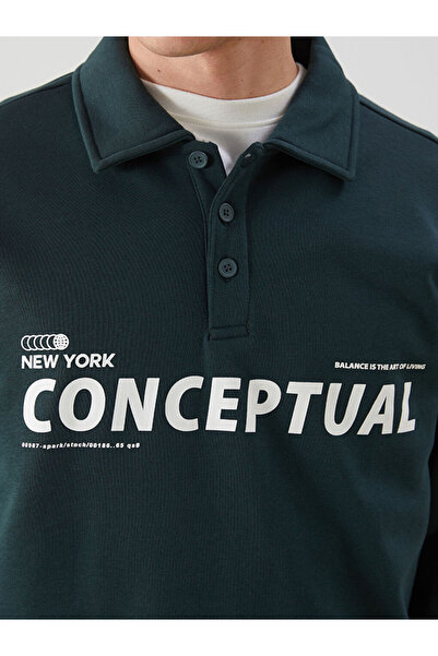 LC Waikiki Πράσινο μακρυμάνικο φούτερ με λαιμόκοψη με τύπωμα Ανδρικό χοντρό φούτερ