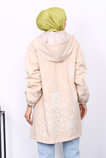 İmajButik Μπεζ καμπαρντίνα με κουκούλα και κέντημα στο πίσω μέρος