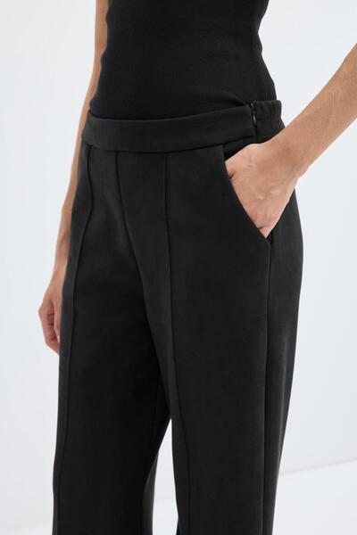 KADRİYE BAŞTÜRK Fit Cut Ribbed Stitched Suede Trousers Black