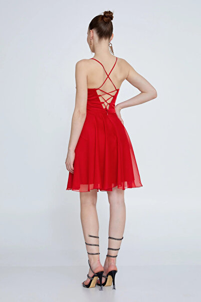 DORİDORCA Women's Strappy Cross-Back Short Evening Dress 6025 Red