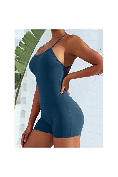 FITINT Salopetă damă scurta pliuri încrucișate Spate gol Albastru – 508