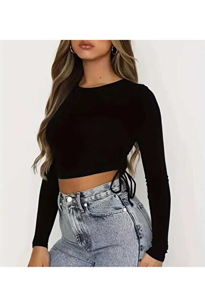 Pupa Bisiklet Yaka Drapeli Uzun Kol Crop Tişört -Yandan İp Büzgülü
