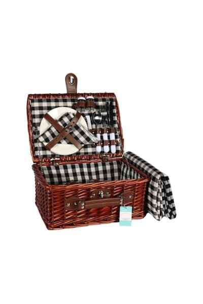 hectarul Picnic Basket for 2 People, Wicker, with Tableware, Cutlery, and Blanket Included, Dark Brow