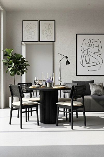 Woodenbend Bernando Siyah Hazeran Masa Takımı 100 cm – 4 Kayın Sandalyeli Boh...