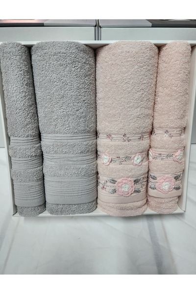 Fiesta 4'lü Banyo Havlu Seti Hamam Takımı Elit Bukle Jakarlı Nakışlı 100% Pamuk