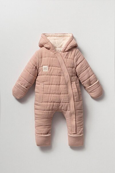 Magu Baby Girl Organic Cotton Pink Quilted Winter Jumpsuit - Hooded