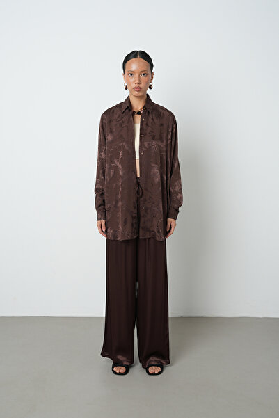 Orfeo Negro Kadın Kahverengi Karışık Desenli Oversize Tesettür Gömlek