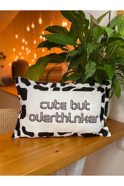 RahanDesign Cute but Overthinker Written Black and White Patterned Double-Sided Suede Throw Pillow Cover - 30X50Cm
