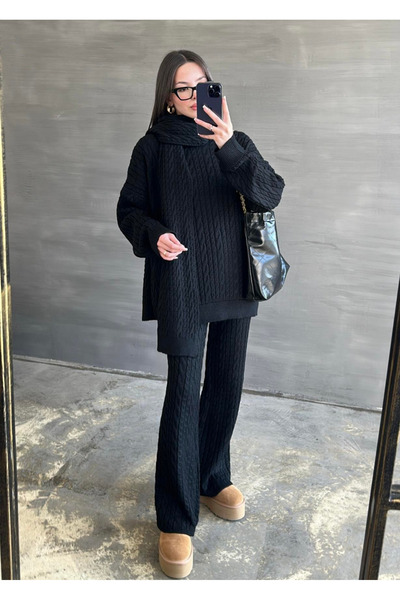 My Blog Σετ πλεκτό παντελόνι πουλόβερ με μαύρο κασκόλ - 241060