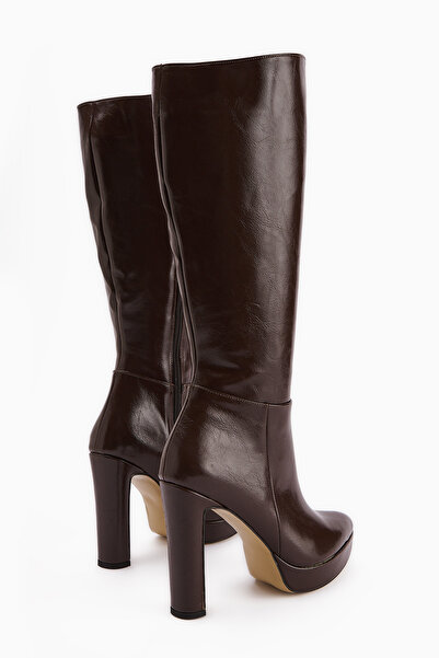 Limoya Ariya Kahve Platform Topuklu Fermuarlı Kadın Çizme