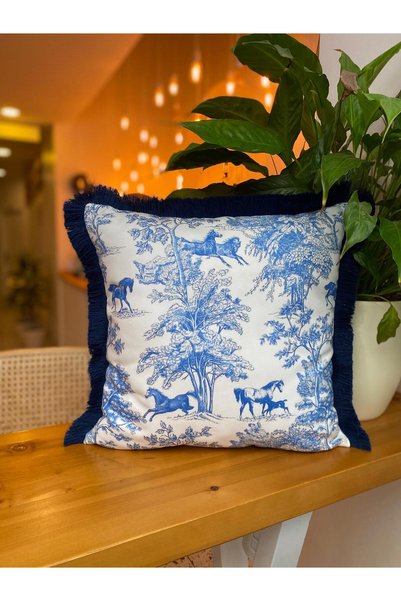 RahanDesign Horse Patterned Navy Blue Fringed Double-Sided Suede Throw Pillow Cover - 43X43Cm - Decorative Throw Pillow Cover