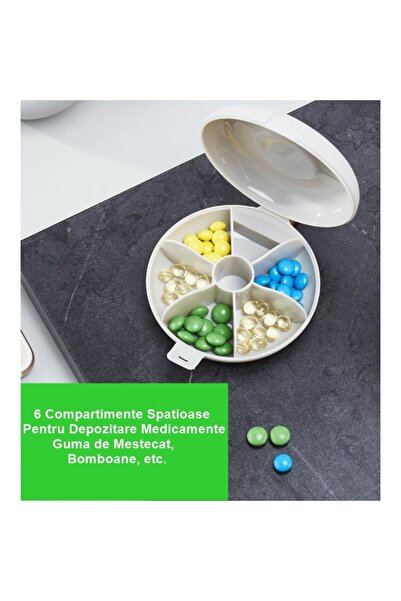 Flippy Medicine Storage Box, Flippy, 6 Compartments, Airtight Closure, Portable, Round, White/Black, PP, 8.