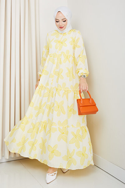 TUBA EXPORT Kadın Buyuk Beden Tesettür YONCA DESENLİ KAT KAT ETEKLİ - DÜĞMELİ Elbise