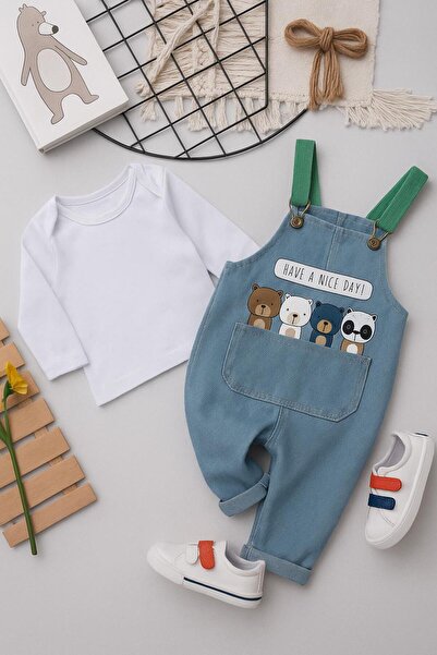 RAPAPA Baby Boy Teddy Bear Patterned Denim Salopet and Long Sleeve T-Shirt Set – Code: 0322 Y