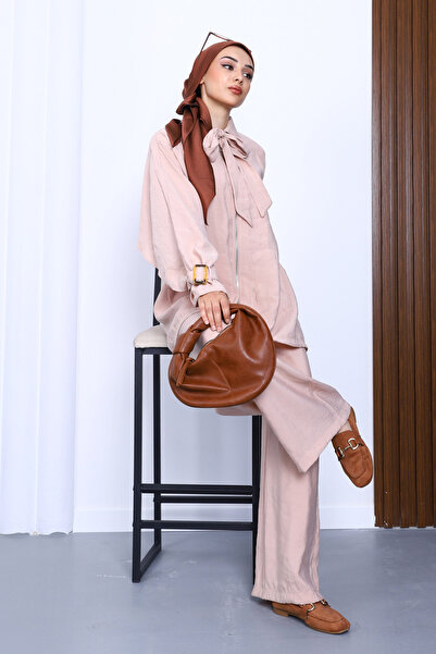 İmajButik Beige Zippered Modal Tunic Trouser Set