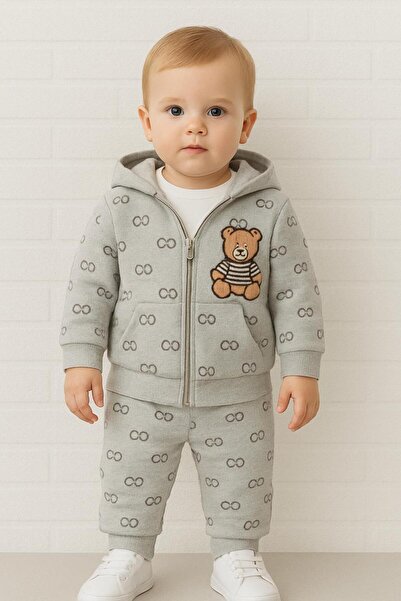 RAPAPA طقم أطفال مكون من 3 قطع – كارديجان بقلنسوة وسحاب + تي شيرت مطبوع + بنطلون رياضي 6146G