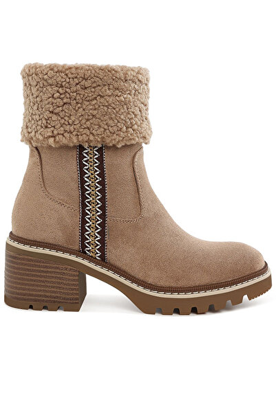 london Rag Women Faux Fur & Embroidery Detail Boots in Beige