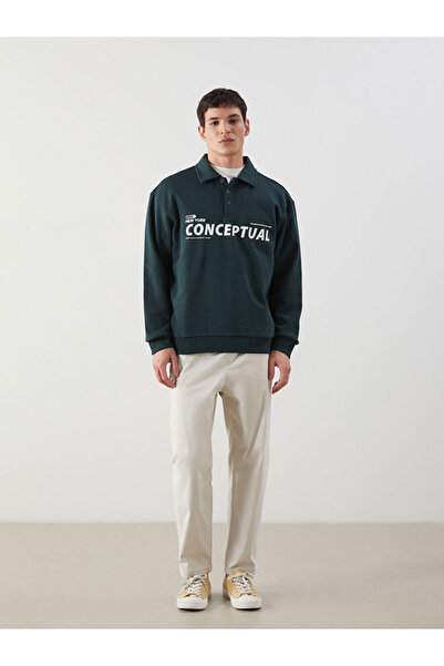 LC Waikiki Πράσινο μακρυμάνικο φούτερ με λαιμόκοψη με τύπωμα Ανδρικό χοντρό φούτερ