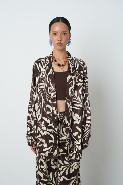 Orfeo Negro Women's Brown - Cream Color Patterned Oversize Hijab Kimono