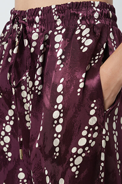 Orfeo Negro Women's Burgundy - Cream Color Patterned Wide Leg Elastic Waist Trousers